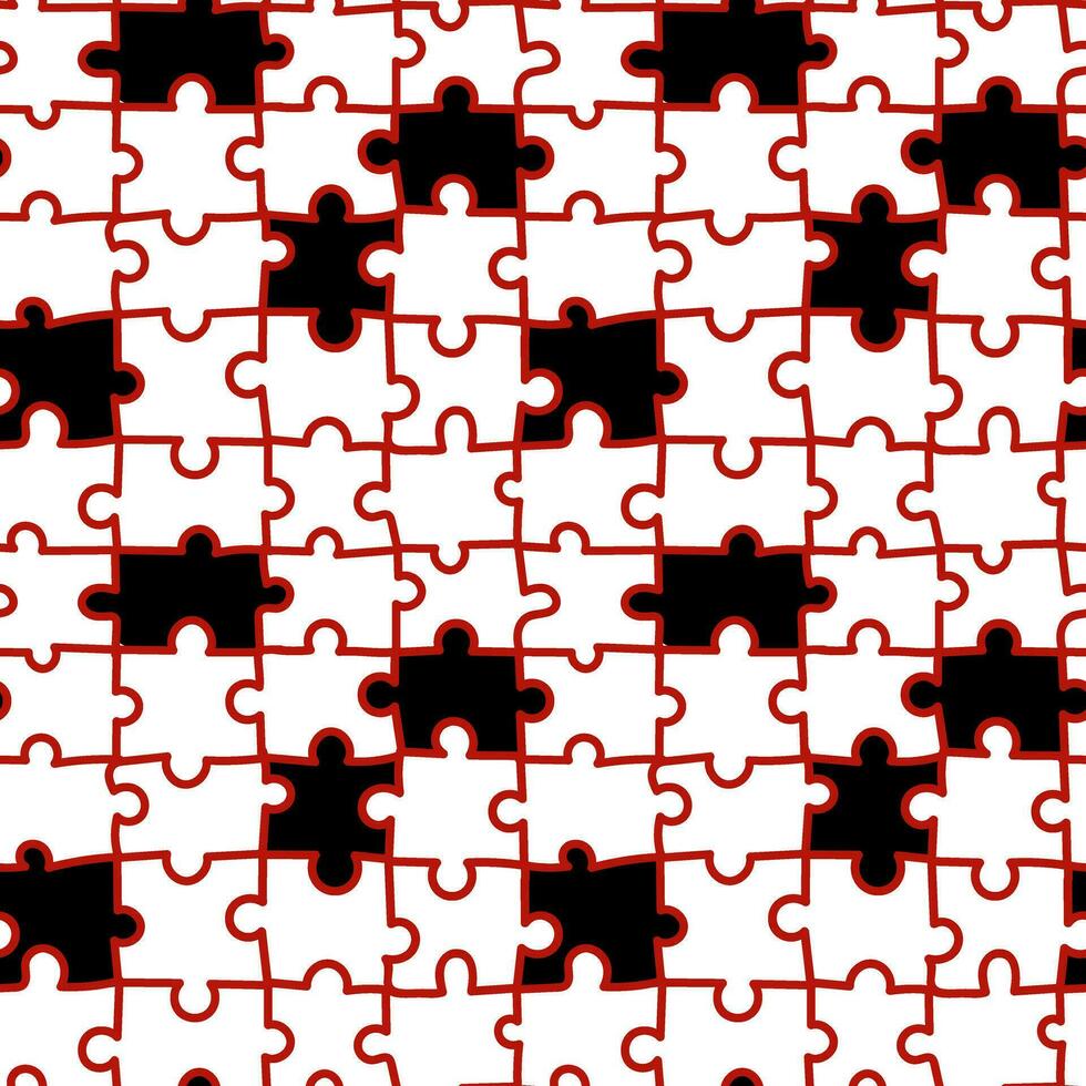 Colored mosaic pattern. Seamless in the form of red puzzle lines with missing black parts. Printing on decorative elements, clothing, wrapping paper. Collect the puzzle, fill in the blanks vector