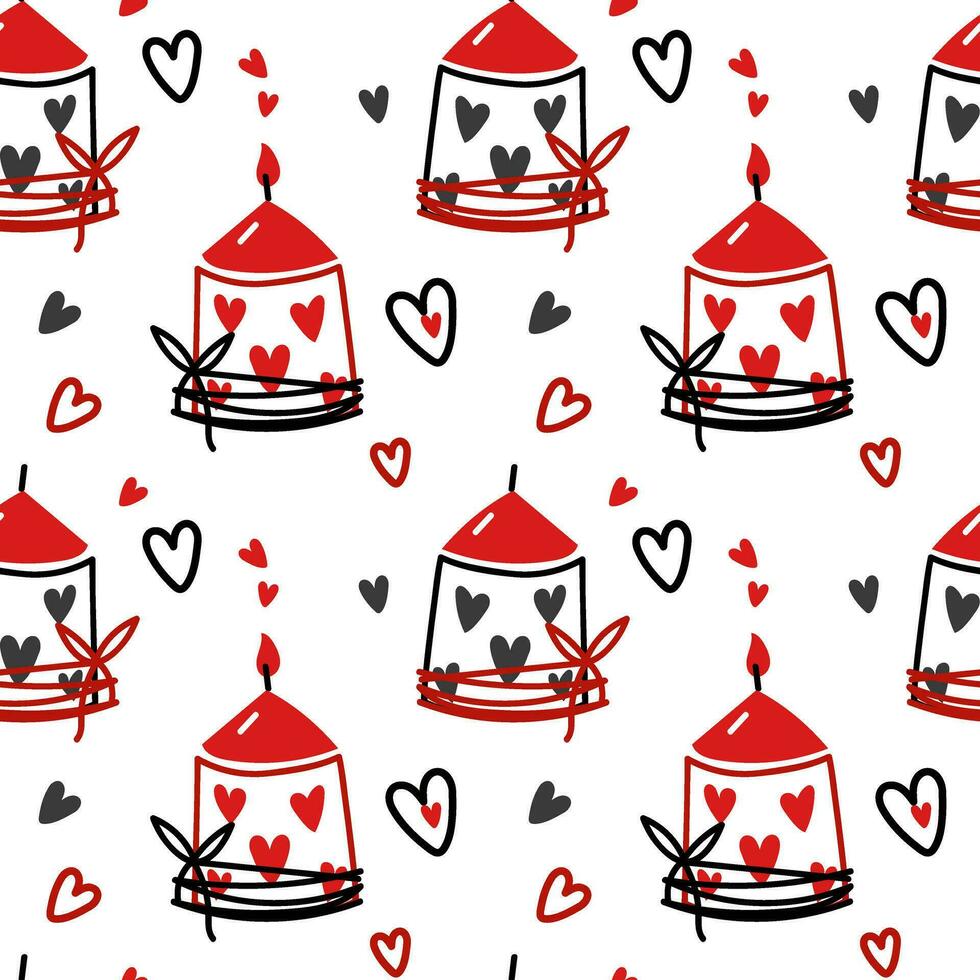 Pattern is a white burning candle with painted hearts. Love, romance. Seamless flat vector repeating illustration. A burning candle with hearts as a decoration. Valentine's Day, wax candle red, black