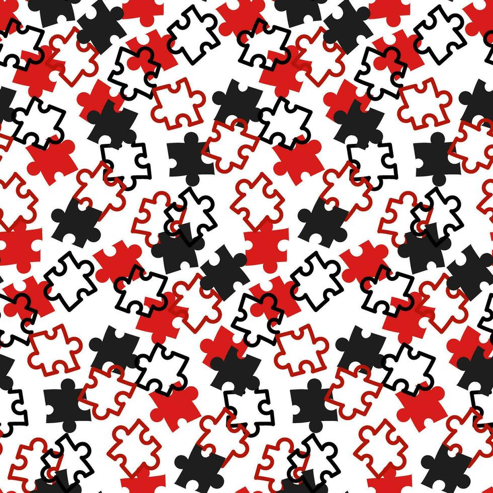 Abstract background with colored puzzle elements, smooth repeating pattern. Red black white colors. Valentine's Day. Collect, search, build. Matching puzzles are scattered randomly vector