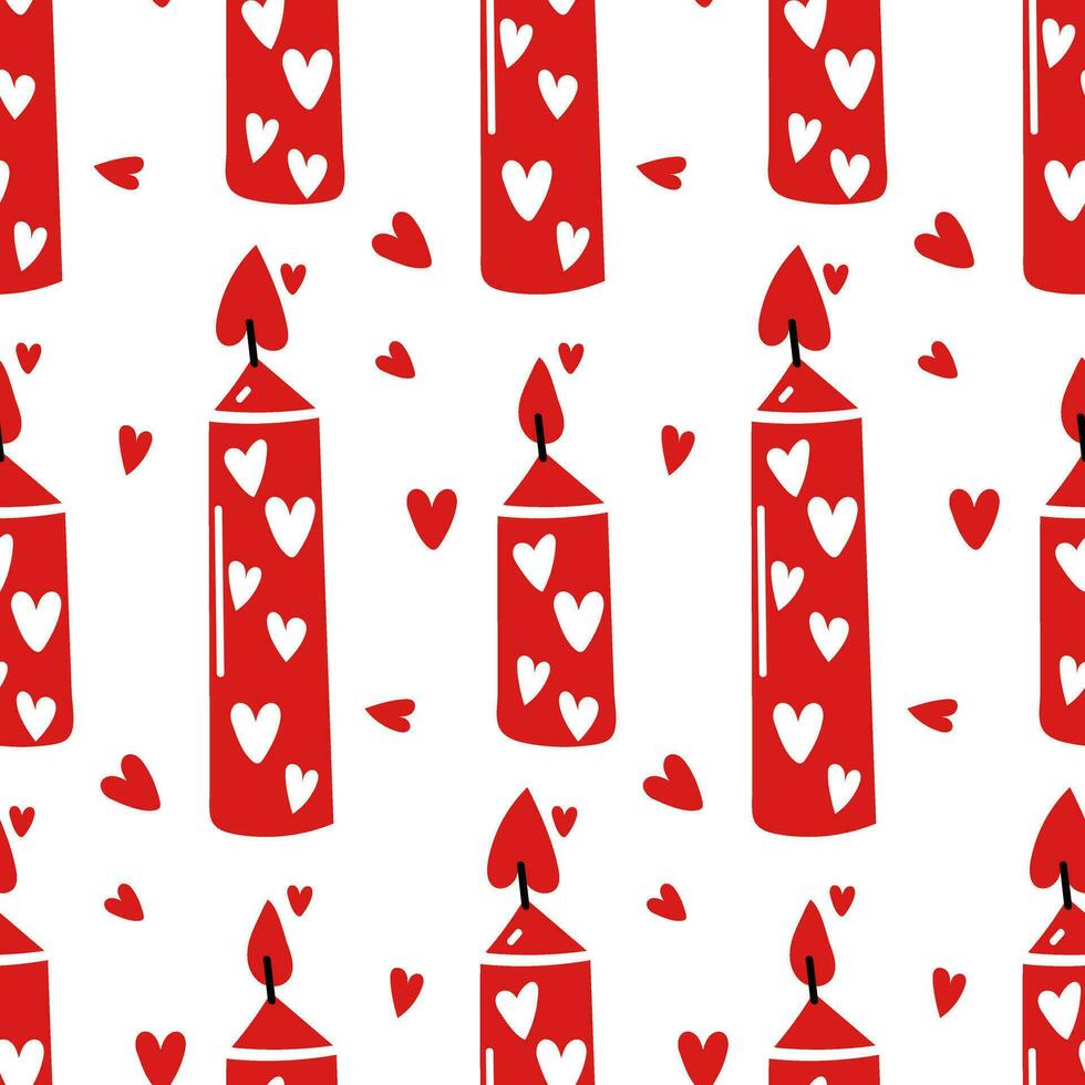 Pattern is a red burning candle with painted hearts. Love, romance. Seamless flat vector repeating illustration. Burning candle with hearts as a decoration. Valentine's Day, wax candle in red, black