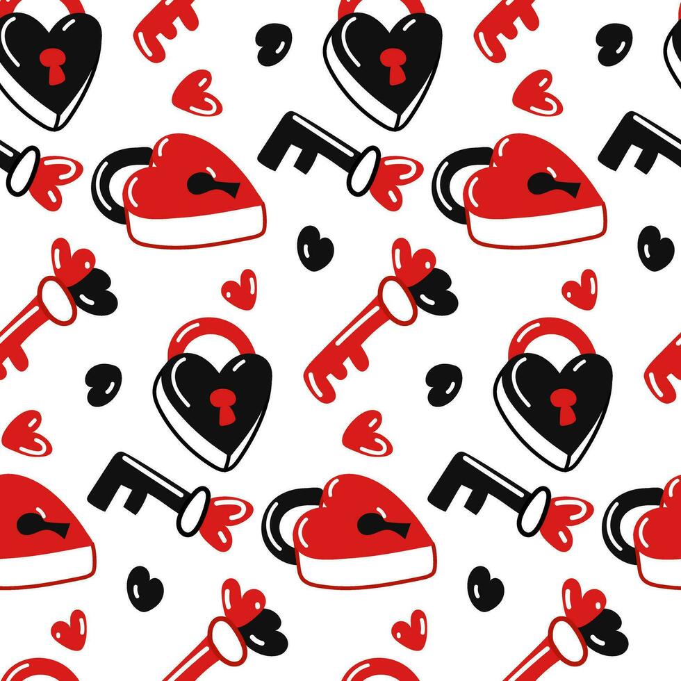 Seamless pattern of heart-shaped locks and keys. A flat doodle illustration for Valentine's Day. Closed locks with keys in red and black colors on a white background. Gift wrapping vector
