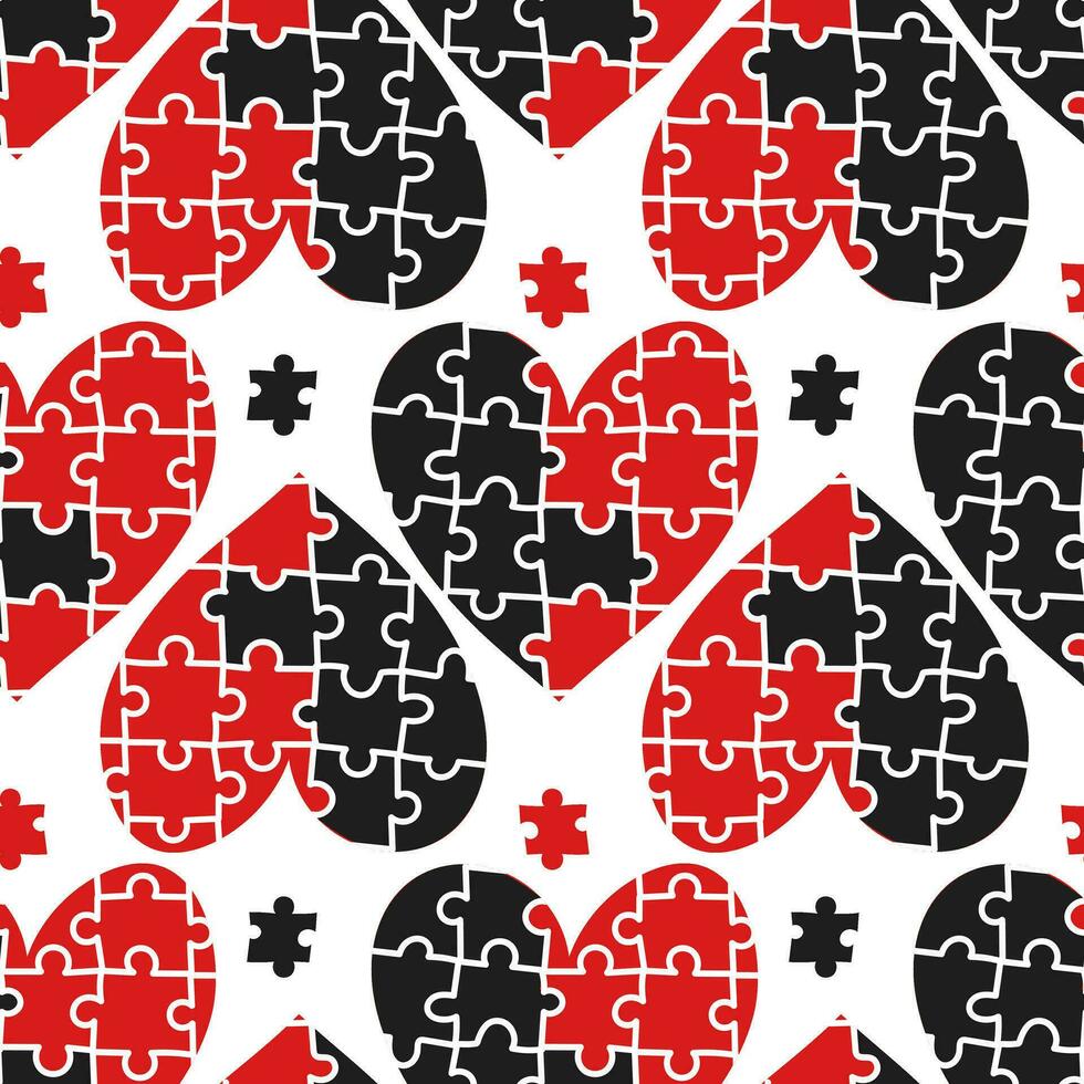 Abstract background with heart-shaped puzzle halves, with colored elements. Red black white colors. Valentine's Day. Collect, search, build. Matching puzzles. Love, build relationships, pick up vector