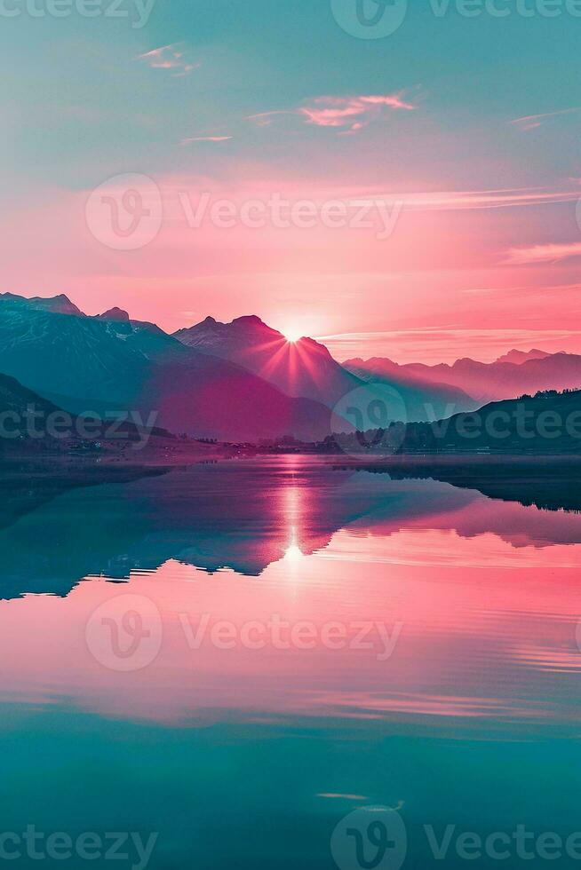 AI generated a breathtaking sunset illuminating a tranquil lake, casting reflections of the majestic mountains and vibrant skies. The overall mood of the image is peaceful and serene. photo