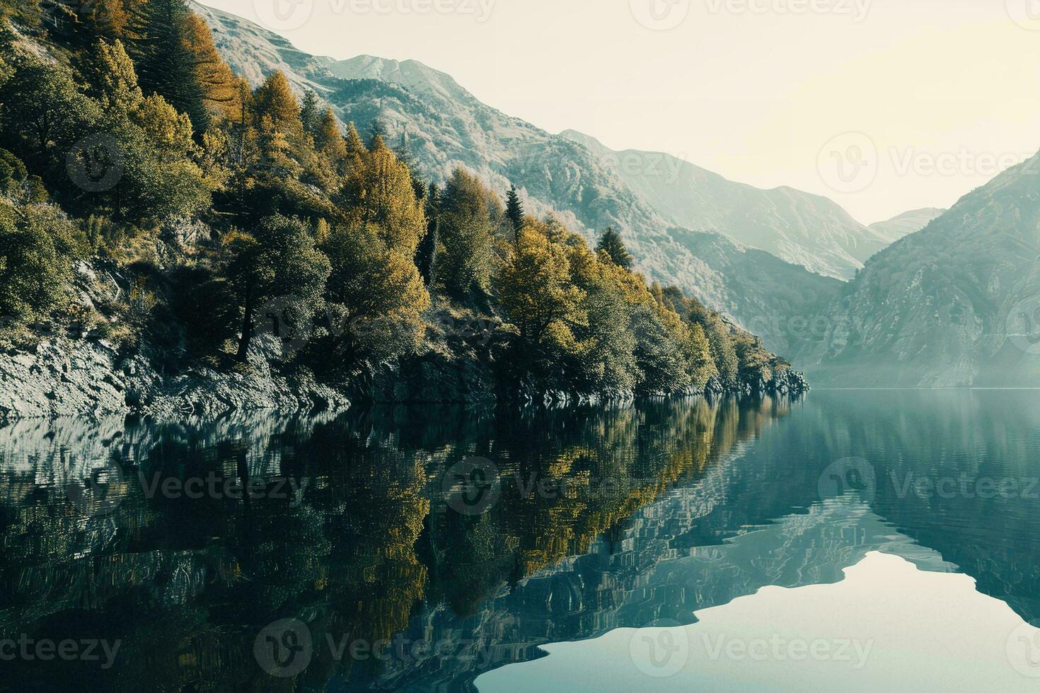 AI generated a pristine lake surrounded by majestic mountains. The water in the lake is calm and clear, reflecting the surrounding landscape perfectly. photo