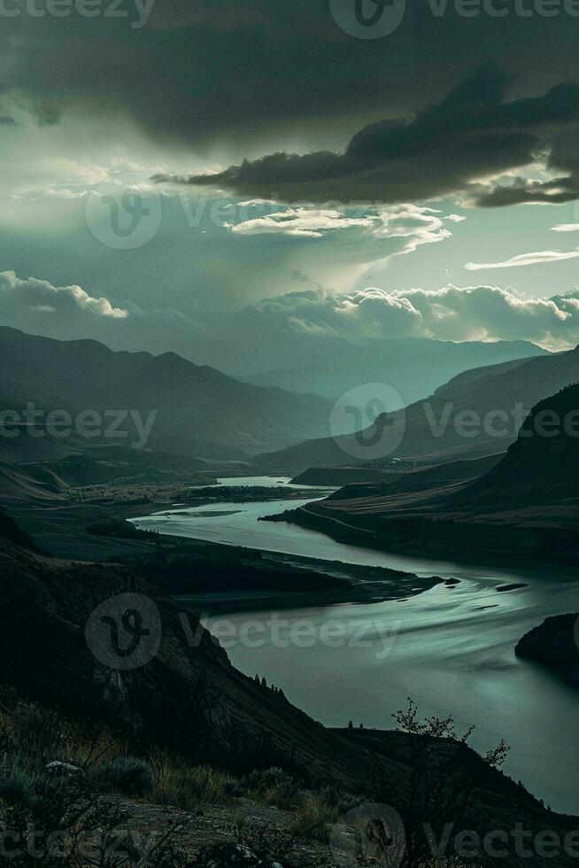 AI generated A breathtaking view of a tranquil lake nestled amidst towering mountains, under the dramatic dance of the cloudy sky. photo