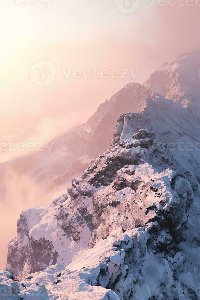 AI generated Majestic mountains covered in snow, illuminated by a warm sunset, surrounded by a mystical foggy ambiance. photo