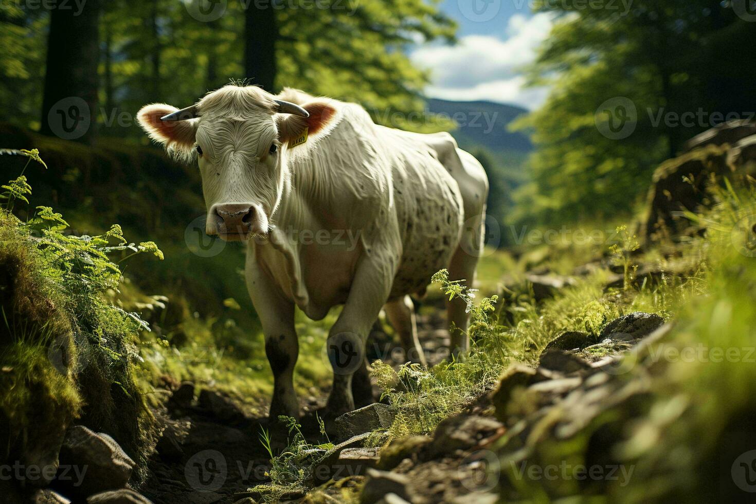 AI generated A white cow stands on a rocky path amidst a lush green forest under the bright sun, mountains in distance. photo