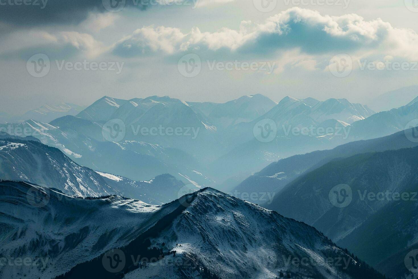 AI generated A breathtaking view of snow-capped mountains under a cloudy sky, showcasing nature's majestic beauty. photo