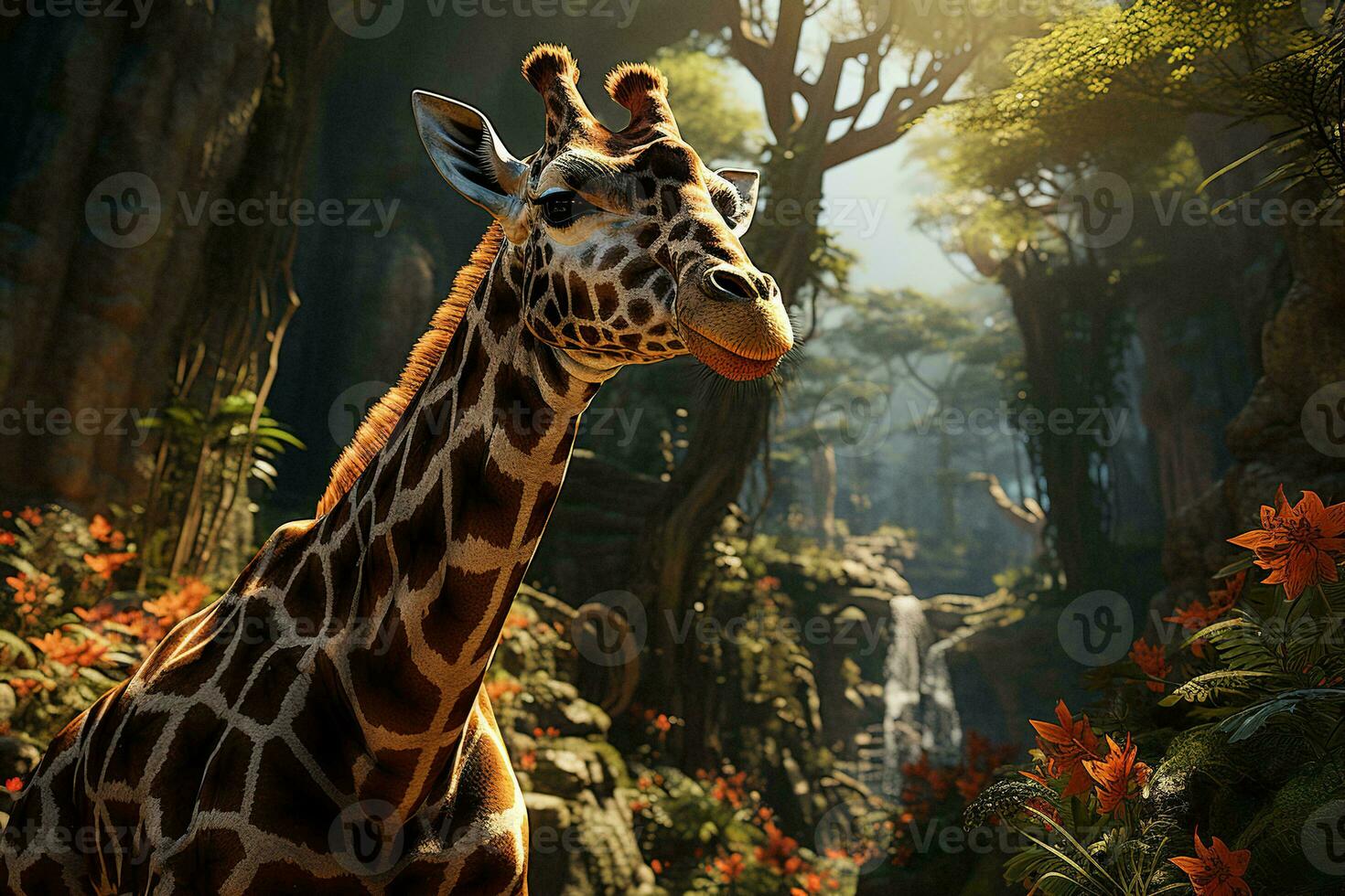 AI generated A majestic giraffe stands in a sunlit forest, surrounded by vibrant greenery and orange flowers, with a serene waterfall in the backdrop. photo