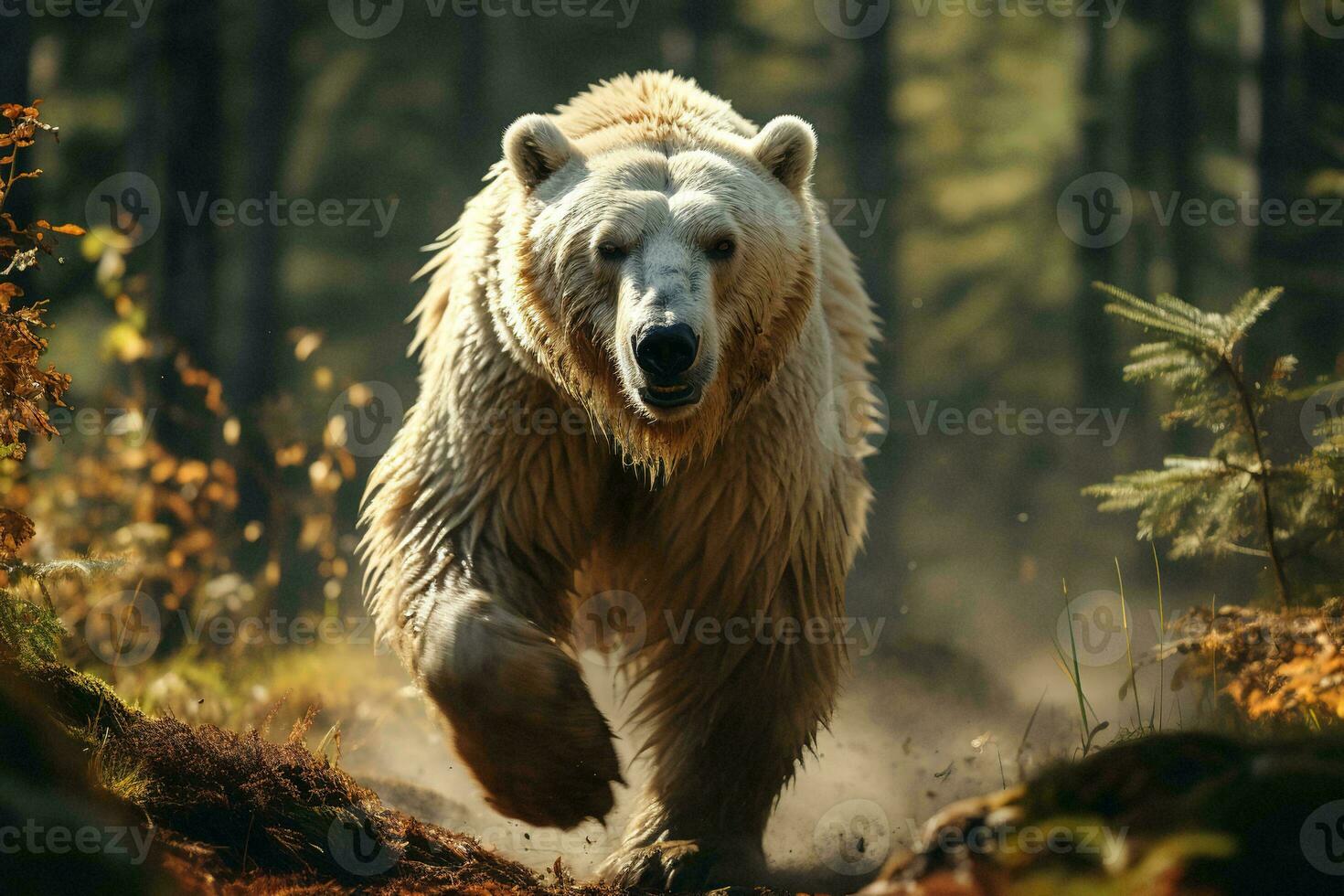 AI generated a majestic bear walking through a sunlit forest surrounded by lush greenery and tall trees. The bear luscious fur is highlighted by the sun rays. photo
