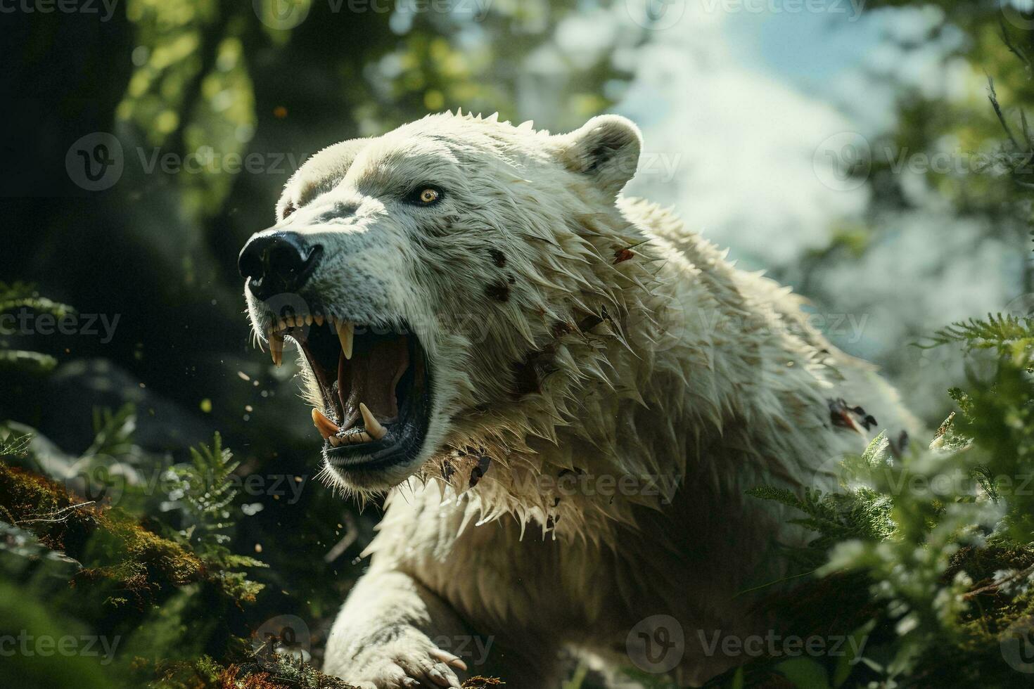 AI generated a fierce polar bear amidst lush greenery with a sunlit backdrop. The bear open mouth suggests it is roaring or growling. photo