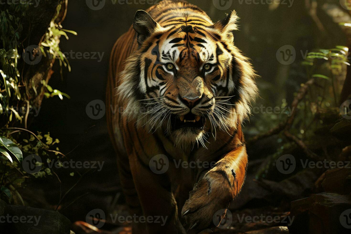 AI generated Majestic tiger moving stealthily in a dense forest. Sunlight highlights its powerful build and striking patterns amidst the dark green foliage. photo