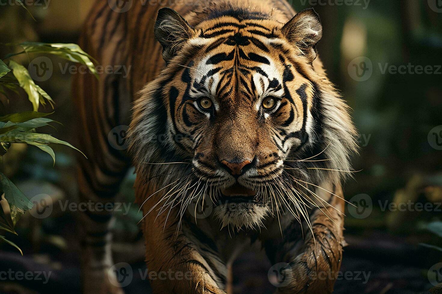 AI generated a majestic photograph of a tiger walking through a forest. The tiger intense gaze is captivating, and its vivid stripes are highlighted by the surrounding lush greenery. photo