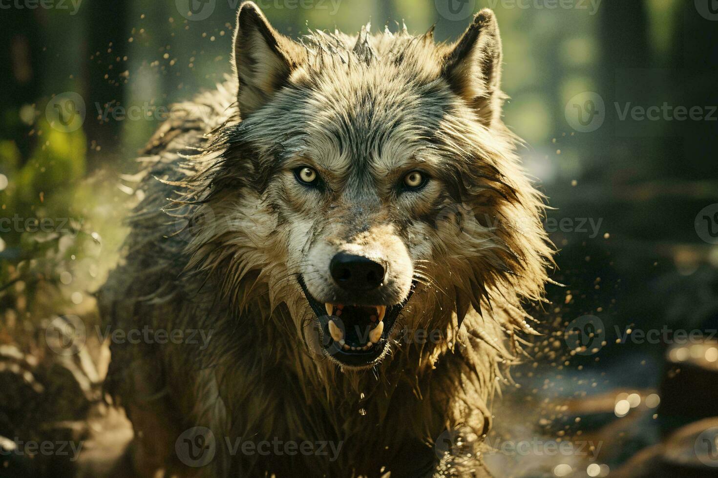 AI generated a captivating image of a soaked wolf with an intense stare amidst a serene forest, water droplets capturing the essence of wilderness. photo