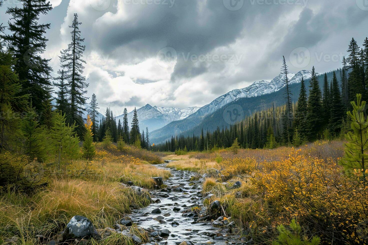 AI generated A serene landscape featuring a flowing stream, surrounded by lush greenery and autumnal hues, with majestic mountains and a cloudy sky in the backdrop. photo