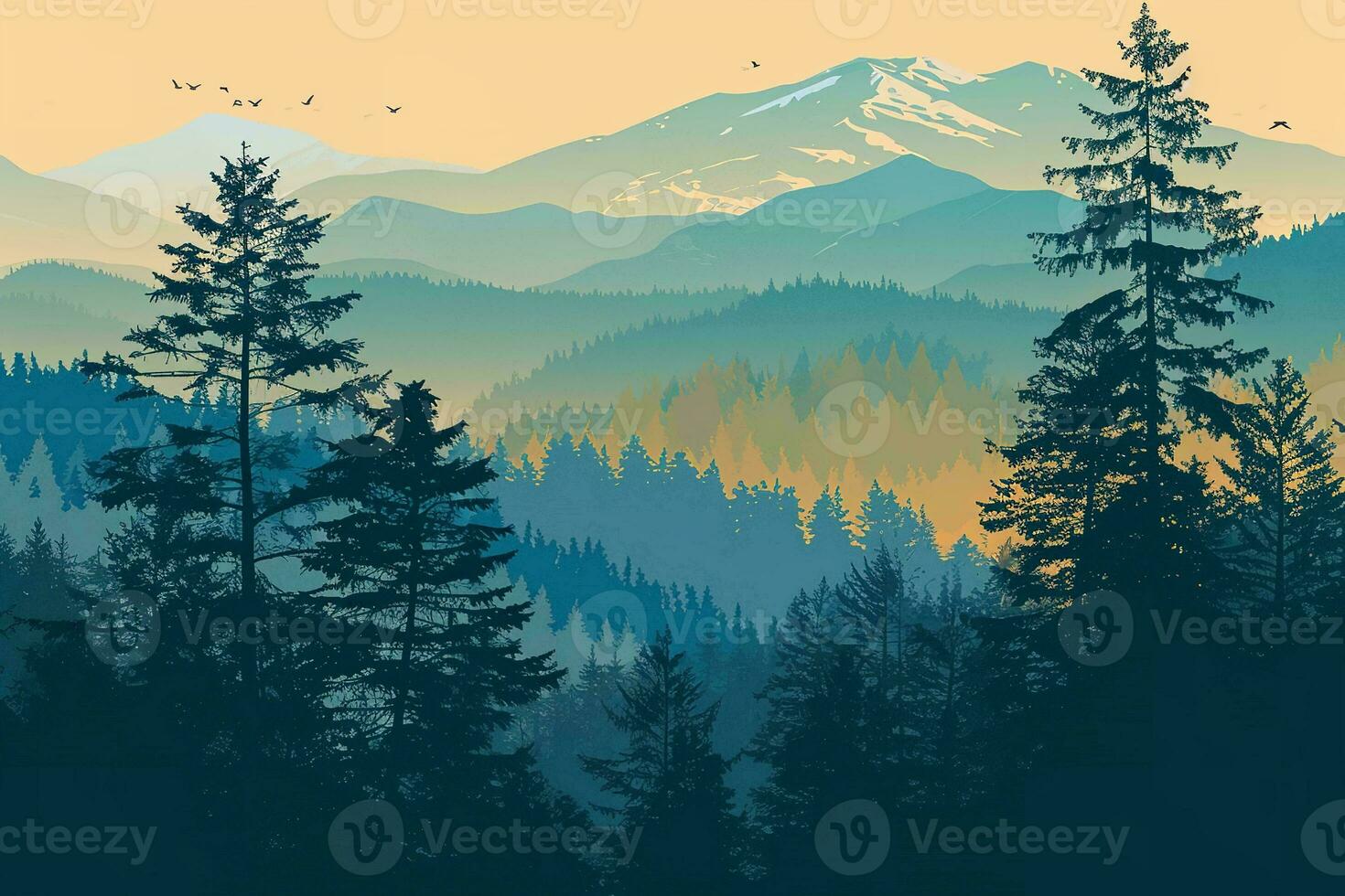 AI generated a mountain backdrop, silhouetted forest, sunset glow and birds in flight. The overall mood of the image is one of tranquility and natural beauty photo