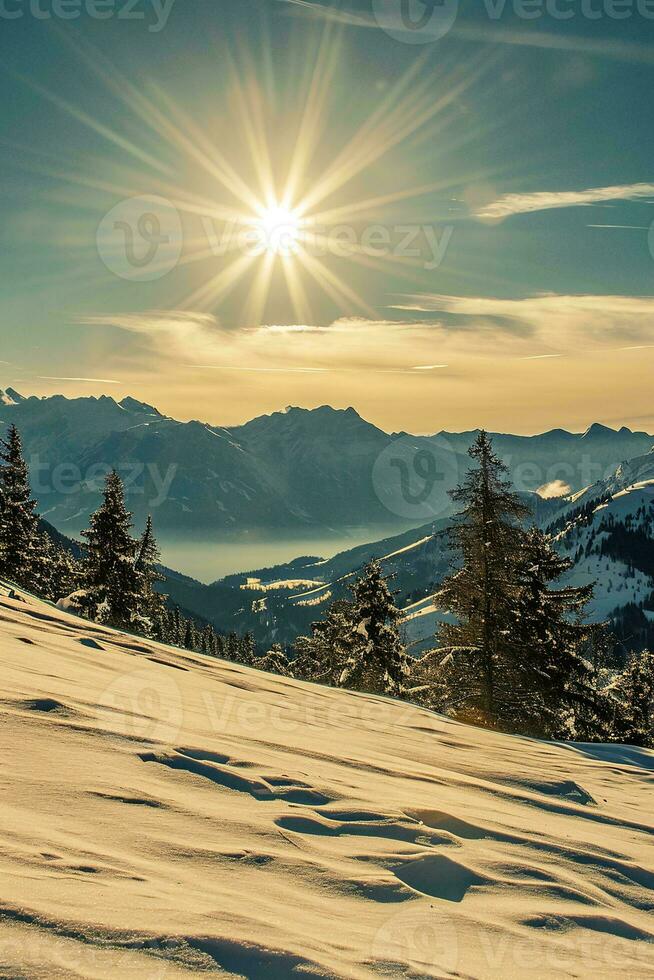 AI generated a sunrise over a snow-covered mountain range. The bright rays of the sun create a starburst effect in the clear sky, while the foreground is dominated by pristine photo
