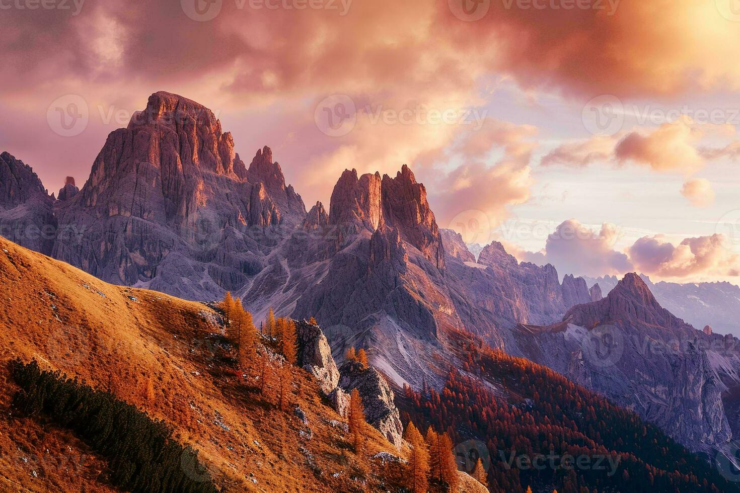 AI generated Breathtaking view of rocky peaks, illuminated by a warm sunset glow, surrounded by the vibrant colors of autumn foliage, showcasing nature grandeur. photo