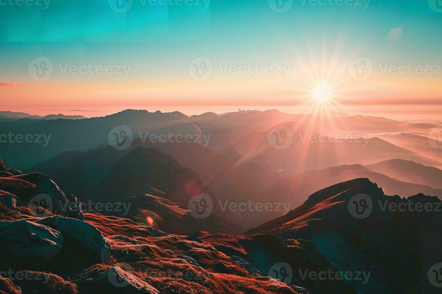 AI generated A breathtaking sunrise casts its golden glow over a rugged mountain landscape, highlighting the intricate textures and elevations, encapsulating the awe of nature beauty. photo