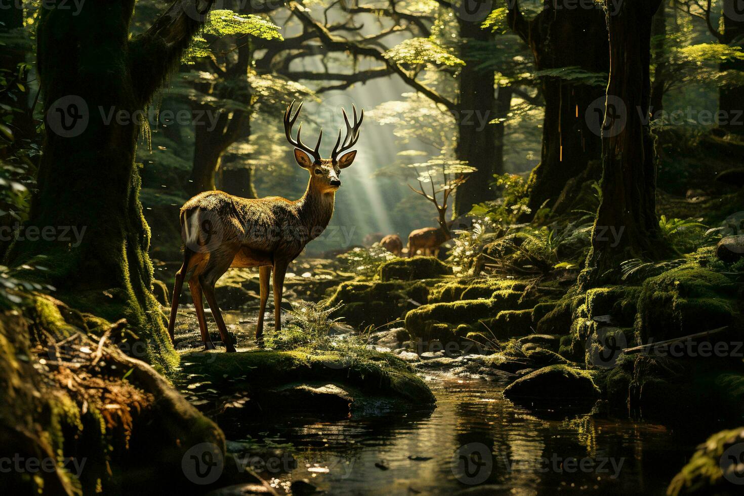 AI generated a majestic deer standing by a serene stream in the middle of a lush green forest. Sunbeams pierce through the dense foliage of the trees, casting an ethereal glow on the scene. photo
