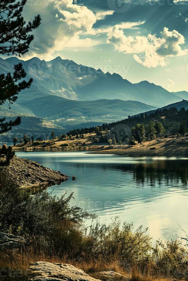 AI generated Breathtaking mountain range backdrop, calm lake forefront. A serene natural landscape with a picturesque cloudscape and pristine waters. photo