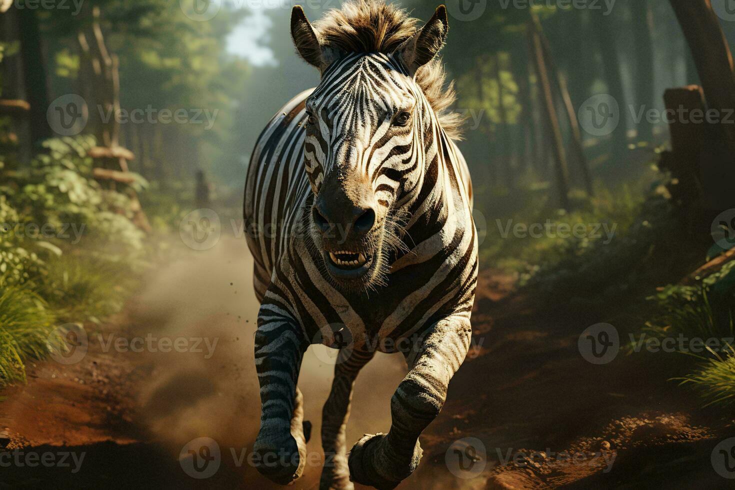 AI generated a dynamic photograph of a zebra in full sprint amidst a serene, sunlit forest. The zebra distinct stripes contrast sharply with the surrounding greenery photo