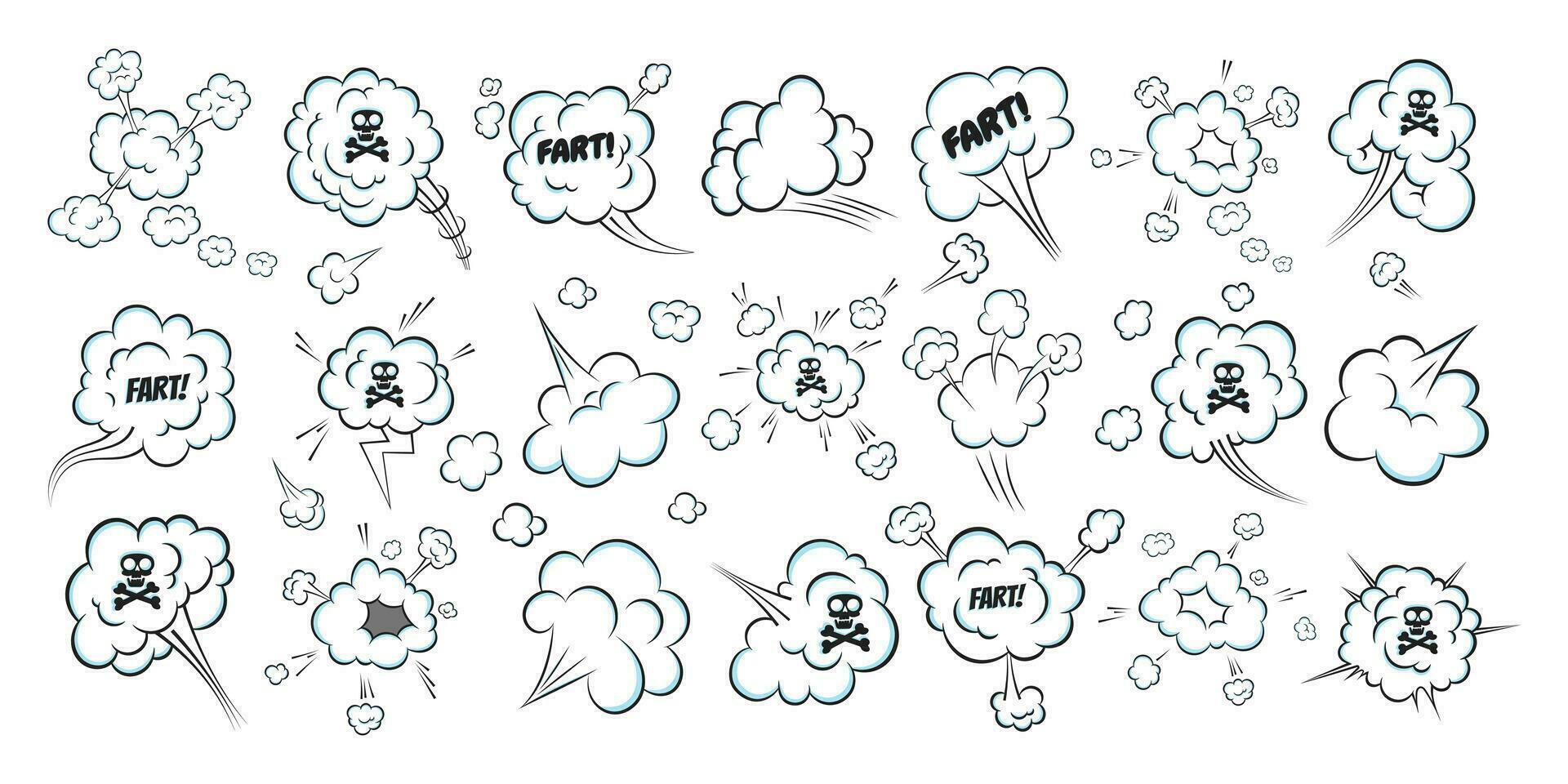 Smelling pop art comic book cartoon fart cloud flat style design vector illustration set.