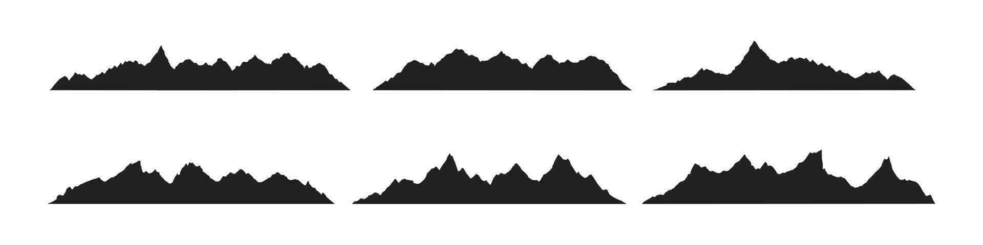 Mountain ridges peak silhouettes flat style design vector illustration set isolated on white background. Rocky mountains peaks with various ranges outdoor nature landscape background design elements.