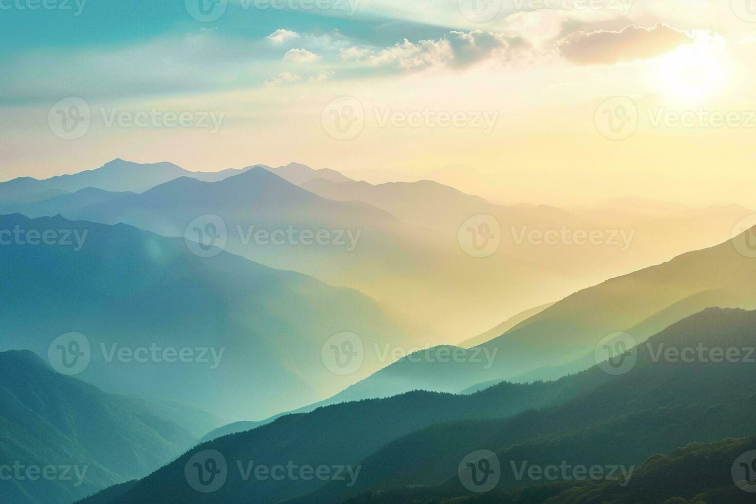 AI generated a breathtaking view of a sunset illuminating the misty layers of majestic mountains, showcasing nature serene and tranquil beauty. photo