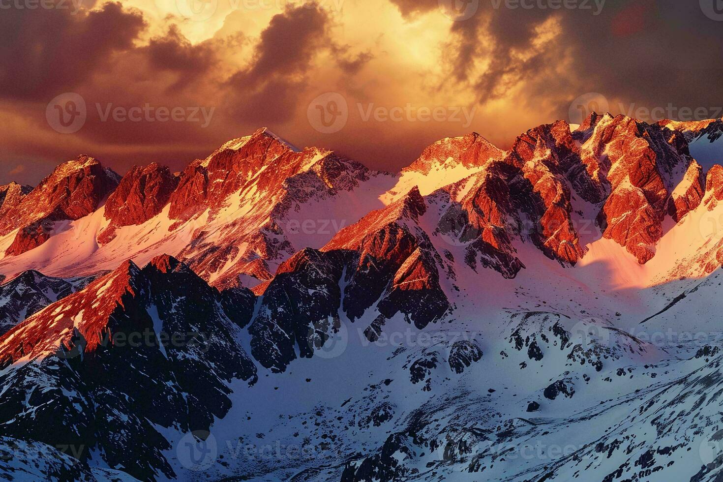 AI generated Golden hour magic, as the sun sets painting a mesmerizing glow on snow-capped mountains, highlighting the rugged landscape's majestic beauty. photo