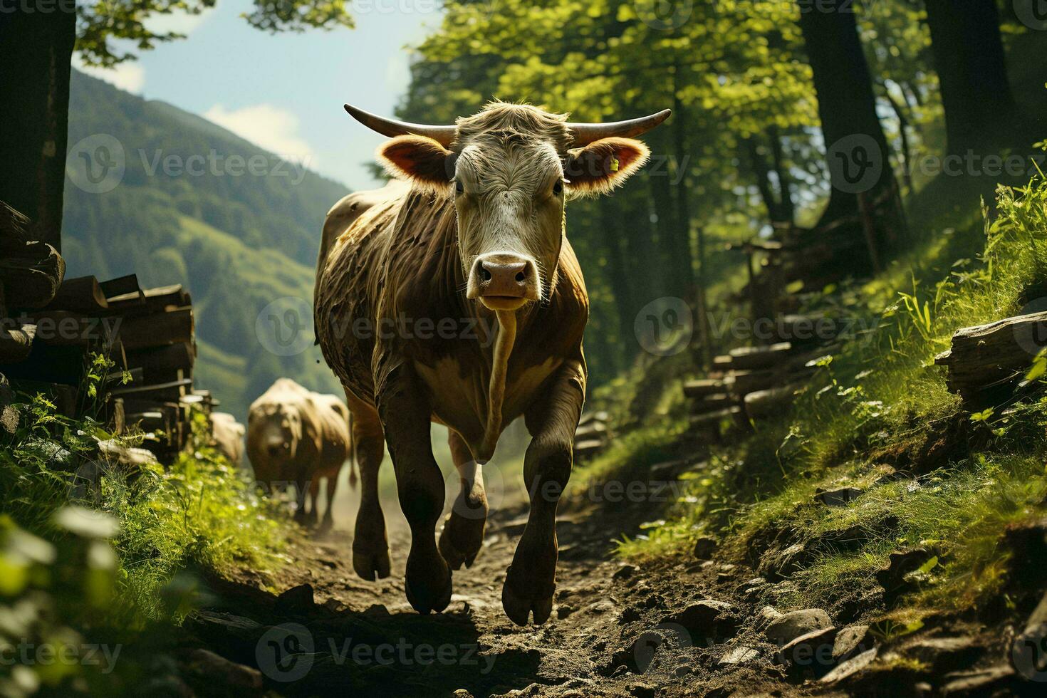 AI generated A cow walks on a forest path, sunlight filters through the trees creating a serene atmosphere, another cow follows. photo