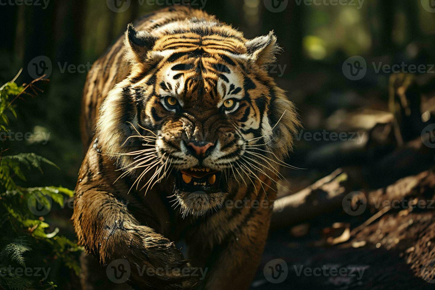 AI generated A majestic tiger prowls in a sunlit forest, its intense gaze and powerful build on full display. photo
