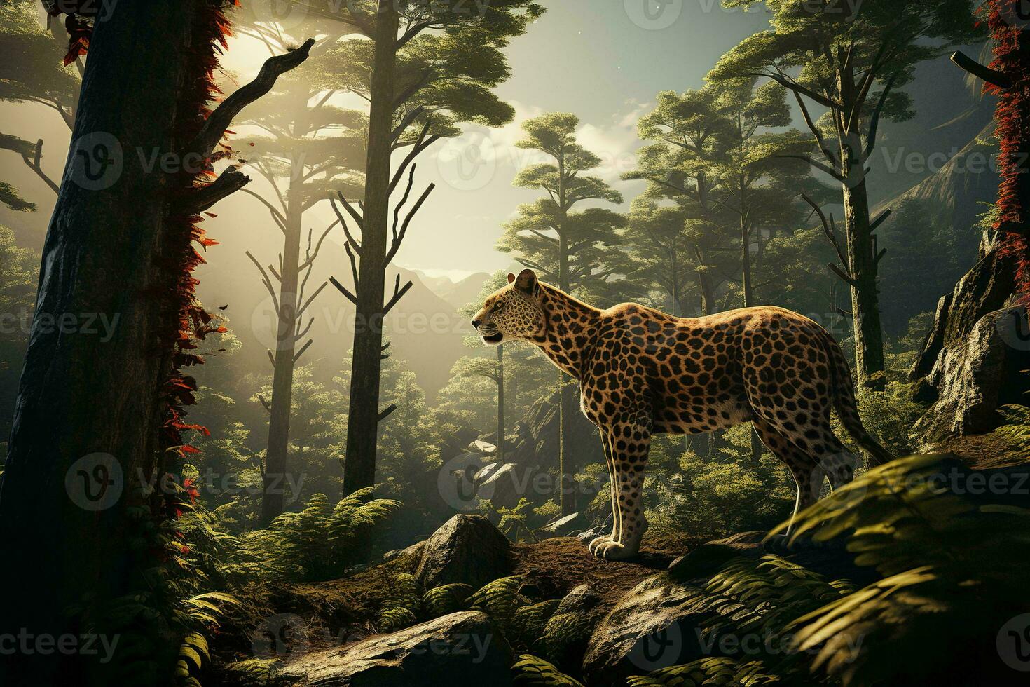 AI generated A majestic cheetah stands amidst a lush forest with towering trees, illuminated by the gentle rays of sunlight, evoking a sense of serenity and natural beauty. photo