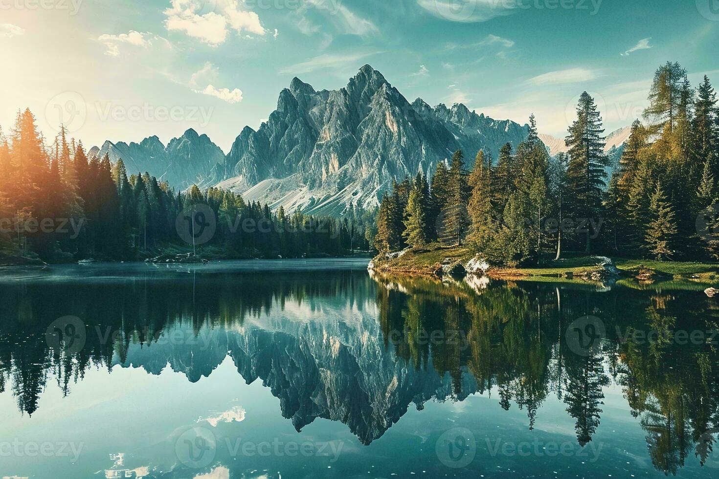 AI generated Breathtaking alpine scenery with a tranquil lake reflecting towering, rugged mountains amidst a lush green forest under a clear sky. photo