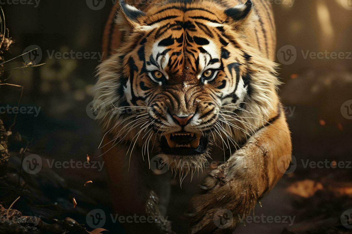 AI generated a majestic tiger marked by striking stripes, moving with predatory grace in a natural habitat, embodying wild elegance. The tiger intense gaze and powerful stance photo