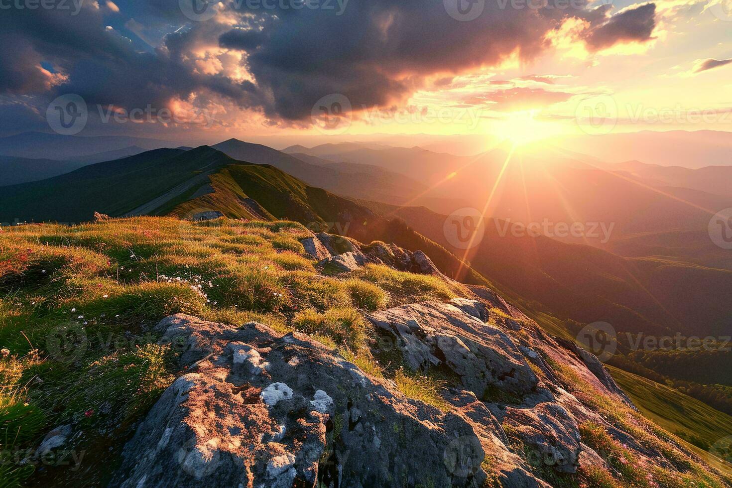 AI generated A captivating sunset casts golden rays over a rugged mountain landscape, highlighting rocks and lush greenery, embodying tranquility. photo