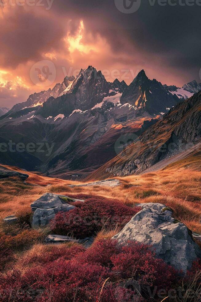 AI generated Breathtaking sunset over jagged peaks, illuminating a serene alpine valley with warm golden hues amidst a dramatic sky. photo