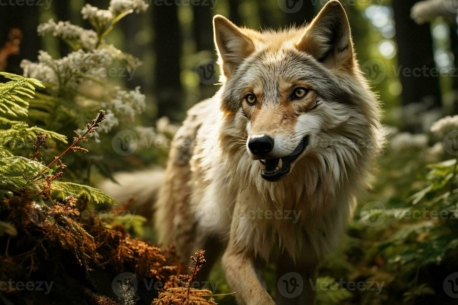 AI generated A captivating image of a wolf amidst dense forest, its golden eyes gleaming with intensity, surrounded by lush greenery and serene atmosphere photo