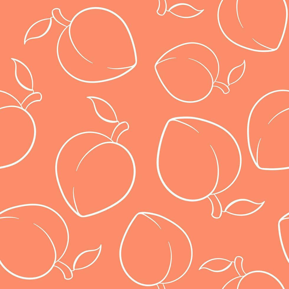 Peach or apricot seamless pattern in line art style. Summer tropical endless design for label, fabric, packaging. Vector illustration on a peach background.