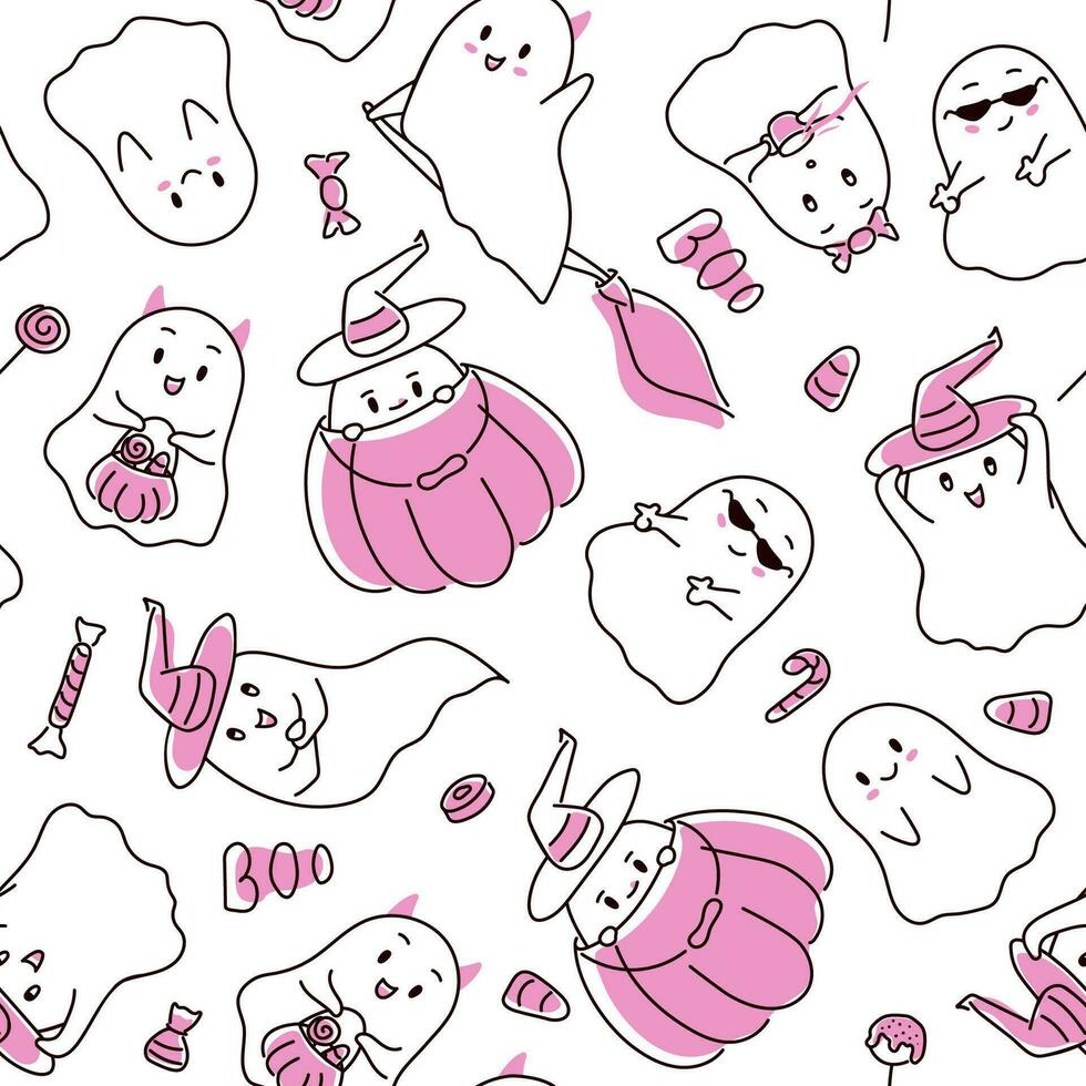 Halloween festive seamless pattern with ghosts in doodle style. Pink endless background with spooky ghosts, candies and speech with boo. Vector illustration.