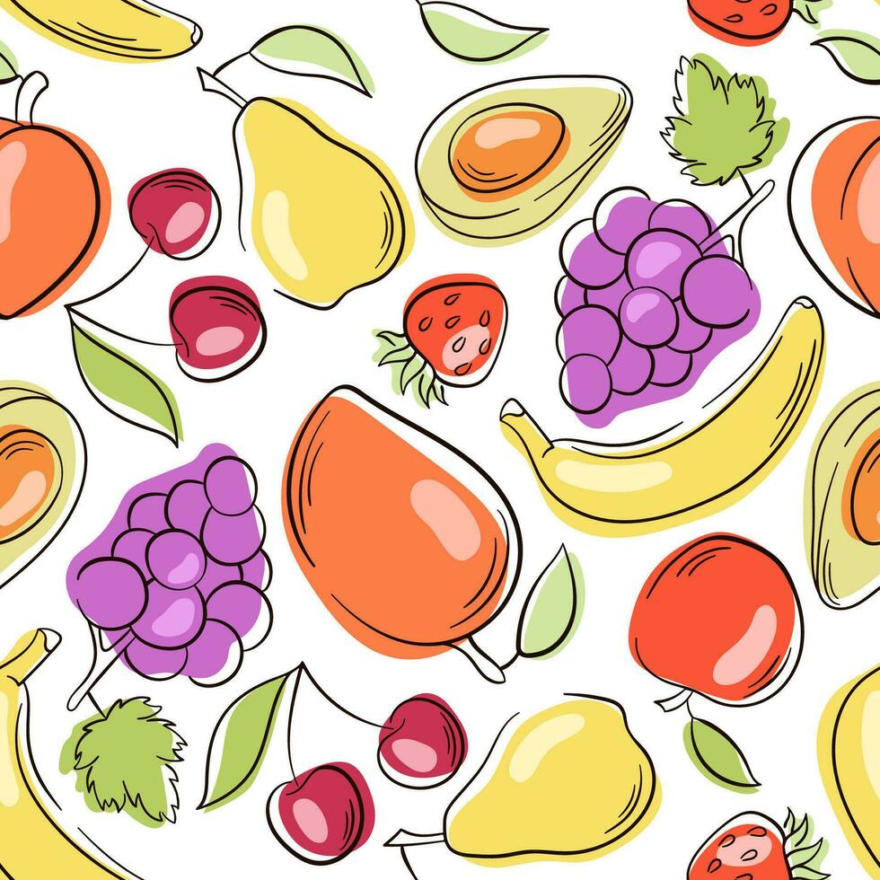 Fruits line doodle style pattern. Seamless pattern with hand drawn fruits and shapes on white background. Strawberry, pomegranate, mango, pear. vector