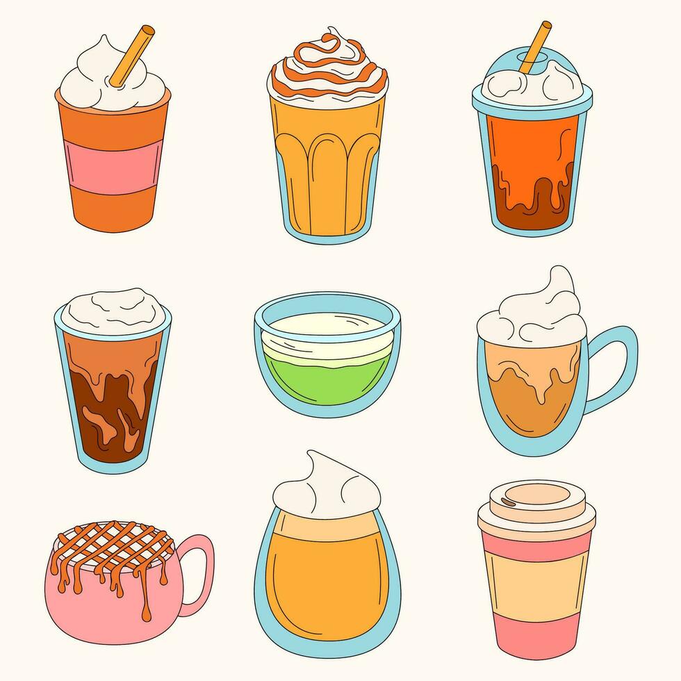 Collection of coffee cups in doodle style. Set of cartoon mugs with beverages. Vector isolated illustration.