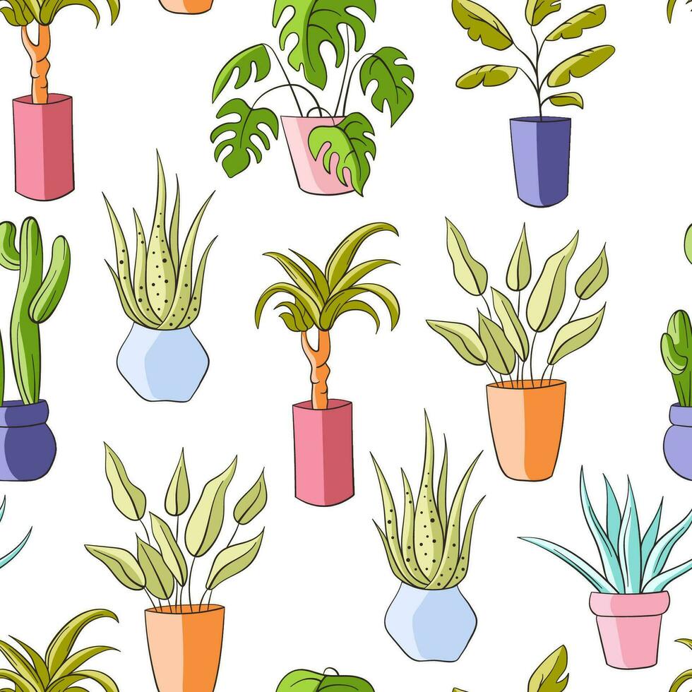 House plant flat pattern. Seamless vector pattern with home plants. House plants in pots vector illustration. Houseplant background.