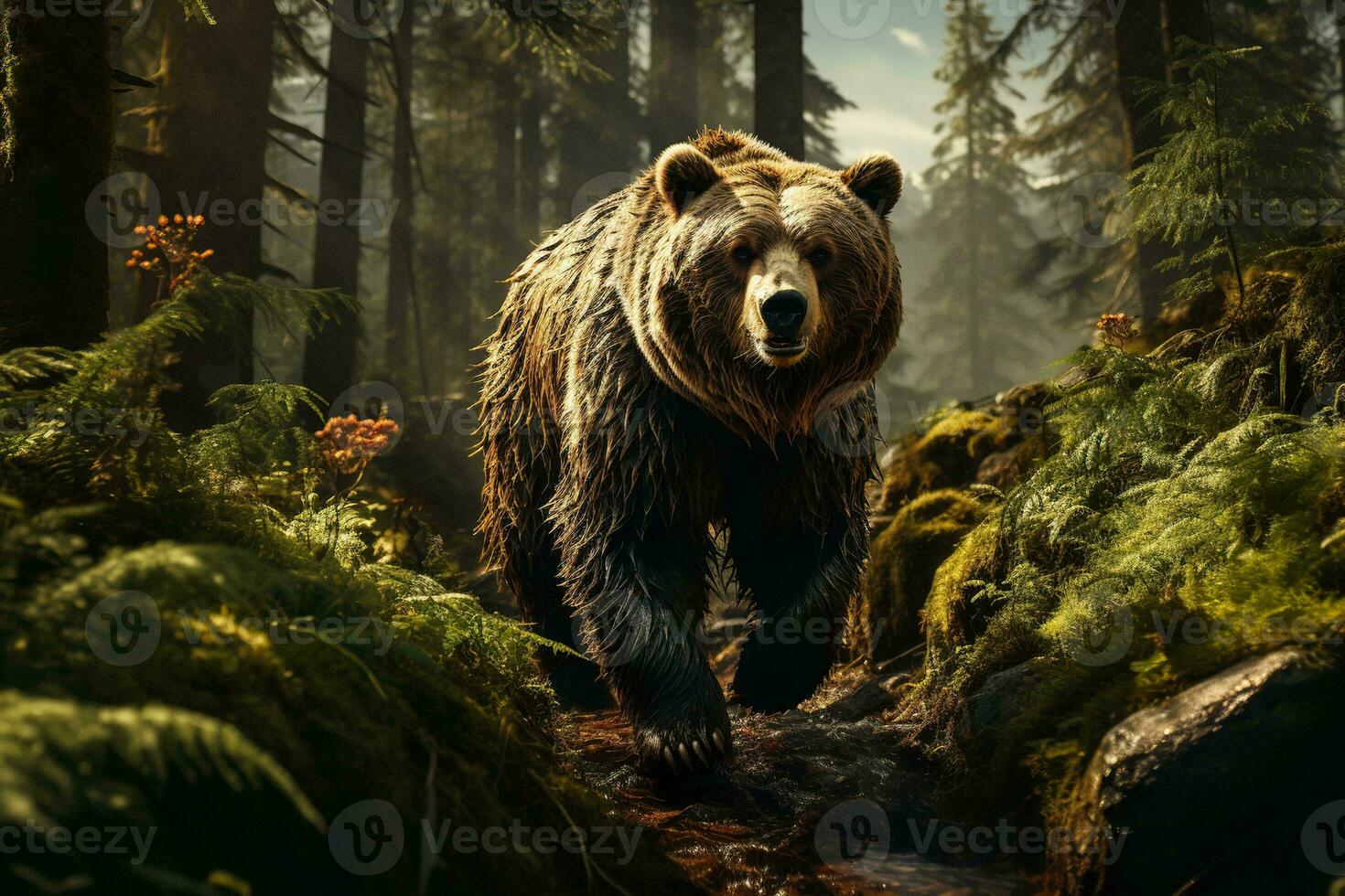 AI generated A majestic bear strides confidently through a sunlit forest, its fur glistening amidst towering trees and lush greenery, embodying the essence of wild nature. photo