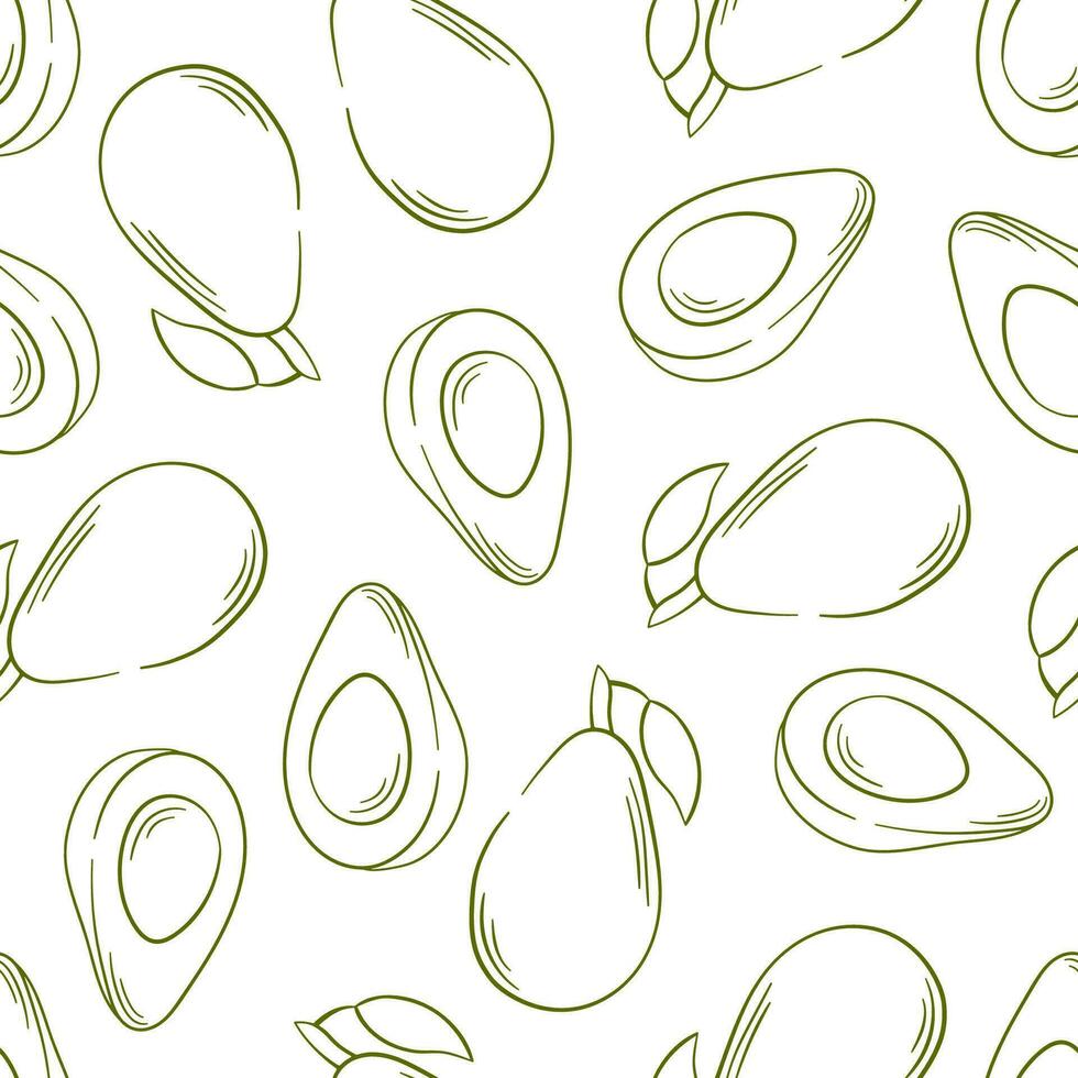 Avocado seamless pattern in line art style. Monochrome hand drawn design for package, textile, food shop, menu. Vector illustration on a white background.