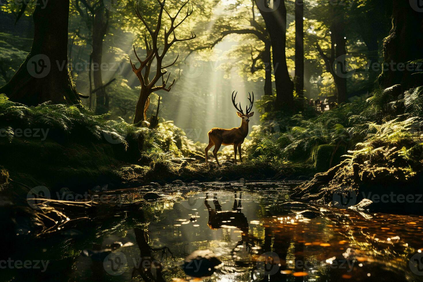 AI generated A majestic deer stands by a stream in a lush, green forest illuminated by ethereal sunlight filtering through the trees. photo