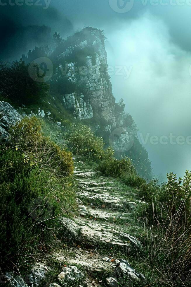 AI generated a serene yet mysterious atmosphere as a foggy mist surrounds a rocky mountain path, with lush greenery painting a picture of solitude and introspection. photo