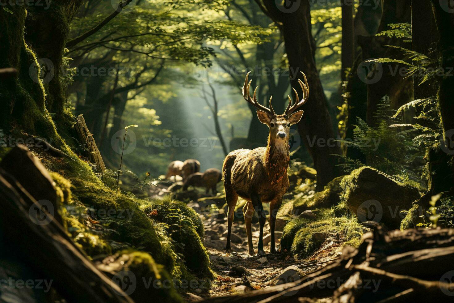AI generated A stunning deer amidst a vibrant green forest, sunlight filtering through leaves creating a magical atmosphere. photo