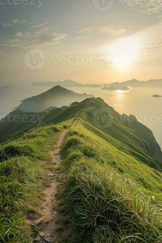 AI generated a breathtaking view of a narrow trail on a lush green mountain ridge. The sun is setting in the background, casting a warm glow over the scene and illuminating the ocean below. photo