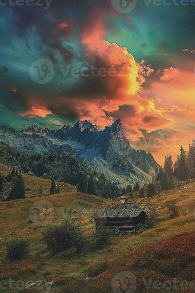 AI generated A breathtaking sunset illuminating a serene landscape with majestic mountains, a solitary cabin, and dramatic clouds. photo